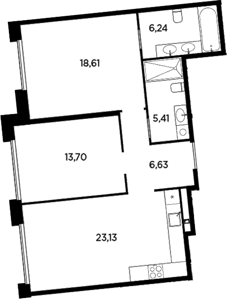 Планировка: Евротрёшка 73,7 м² в ЖК «Акватория»