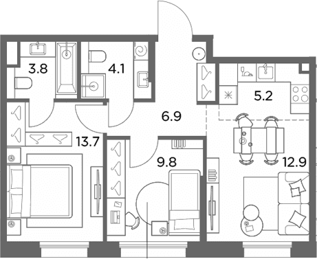 Планировка: Евротрёшка 56,4 м² в ЖК «Станиславский»