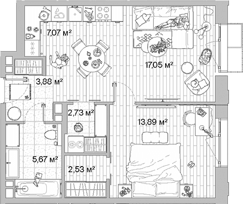 Планировка: Евродвушка 52,8 м² в ЖК «МЫС»