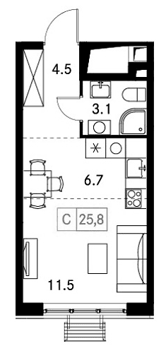 Планировка: Студия 25,8 м² в ЖК «Новый Зеленоград»