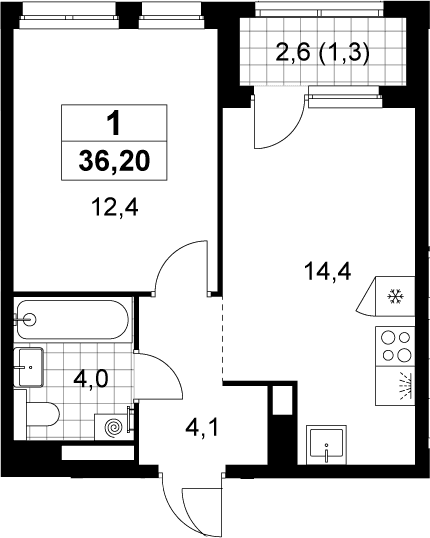 Планировка: 1-комнатная квартира 34,9 м² в ЖК «Деснаречье»
