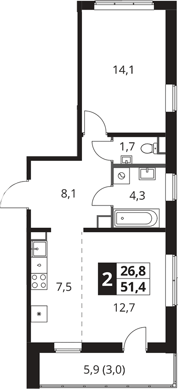 Планировка: Евродвушка 48,4 м² в ЖК «1-й Южный»