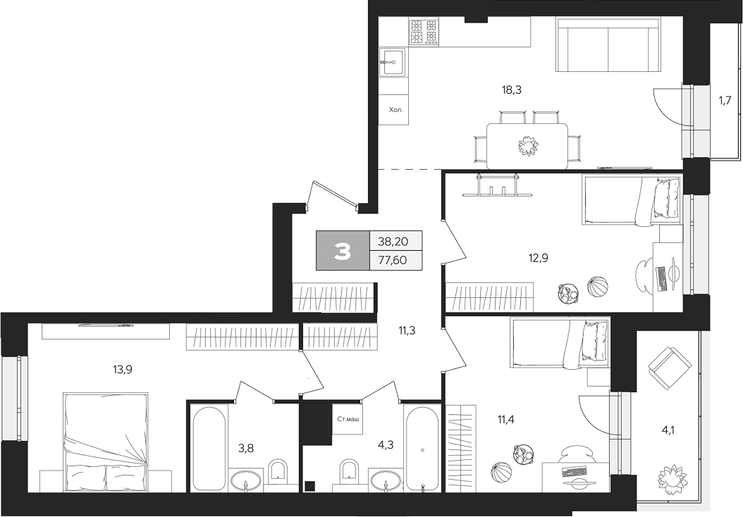Планировка: 3-комнатная квартира 75 м² в ЖК «Ласточкино»