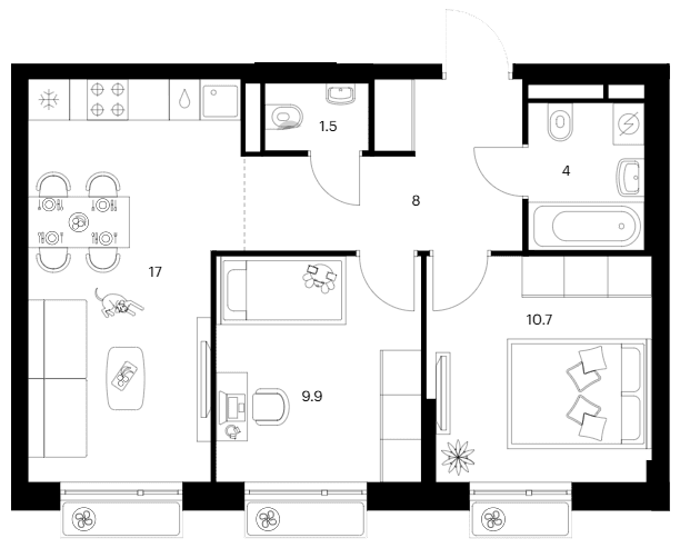 Планировка: 2-комнатная квартира 51,1 м² в ЖК «Белая Дача парк»