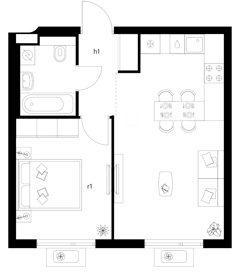 Планировка: 1-комнатная квартира 38,3 м² в ЖК «Белая Дача парк»