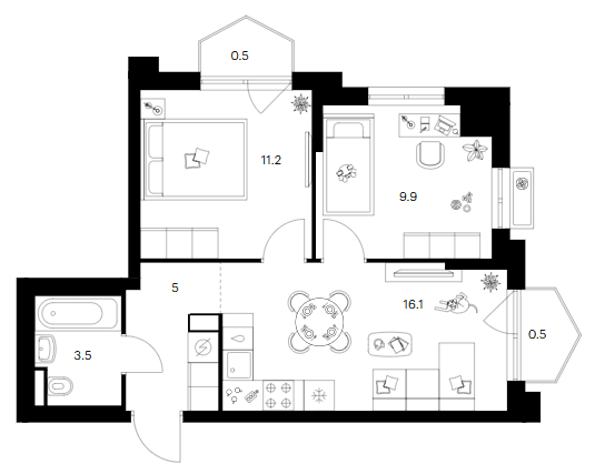 Планировка: 2-комнатная квартира 45,7 м² в ЖК «Ярославский»