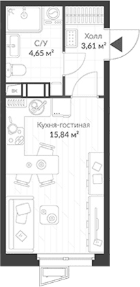 Планировка: Студия 24,1 м² в ЖК «ВЕРЕН НОРТ Cертолово»