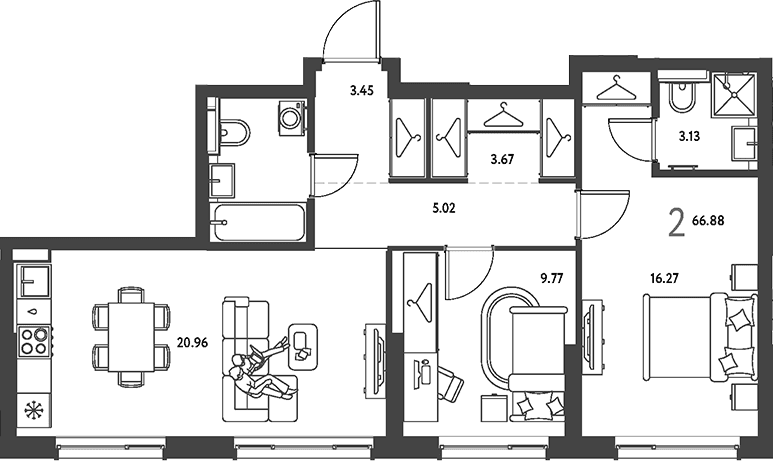 Планировка: 2-комнатная квартира 66,9 м² в ЖК «Страна.Парковая»