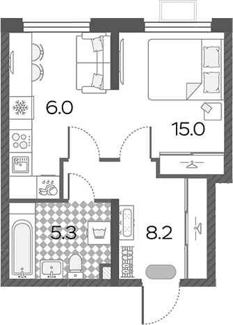 Планировка: Студия 34,5 м² в ЖК «Лучи»