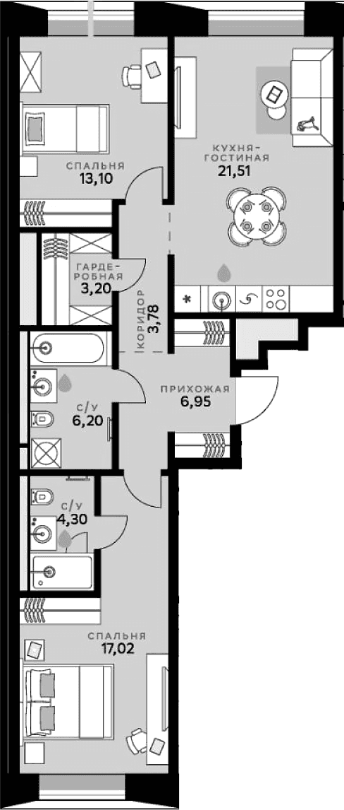 Планировка: Евротрёшка 76,1 м² в ЖК «СберСити»