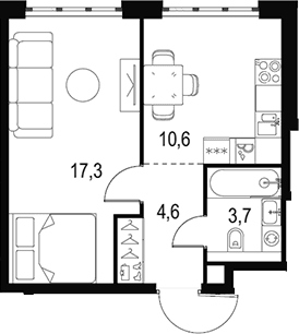Планировка: 1-комнатная квартира 36,2 м² в ЖК «Левел Южнопортовая»