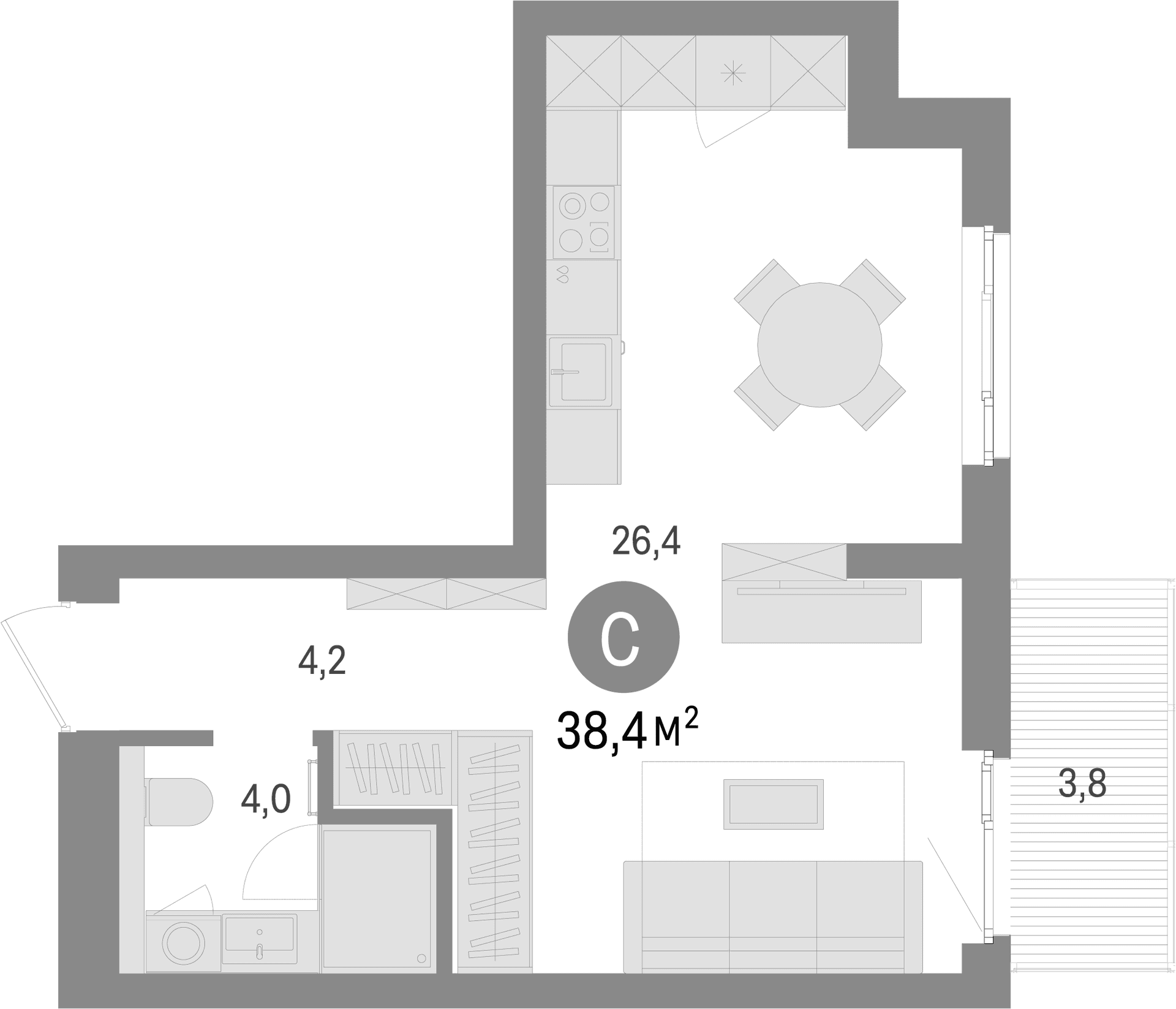 Планировка: Студия 34,6 м² в ЖК «Брусника в Новоселье»