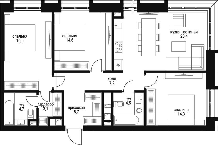 Планировка: Квартира евро-4 94 м² в ЖК «Шелепиха»