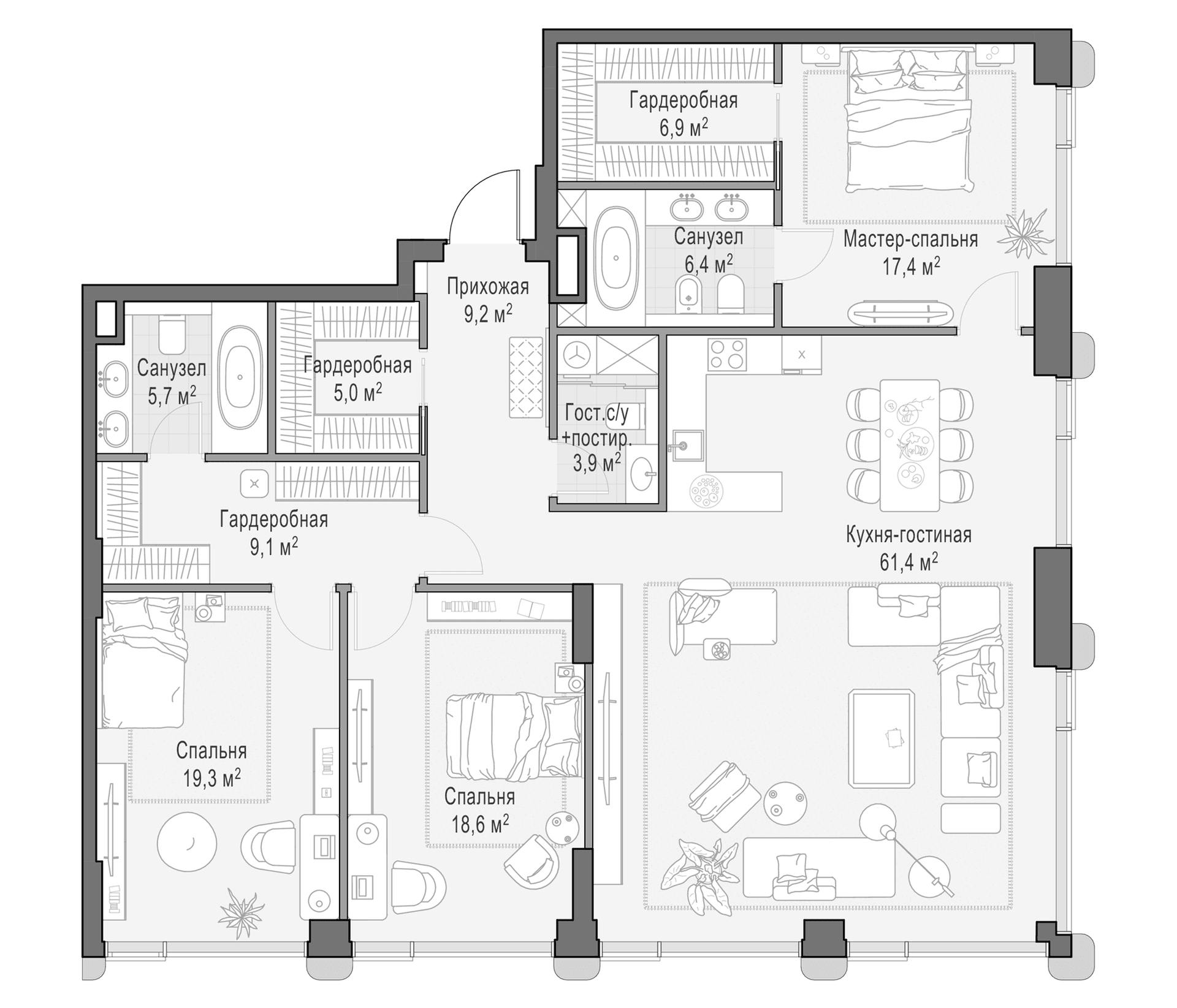 Планировка: Квартира евро-4 166,2 м² в ЖК «Дом Палашевский 11»