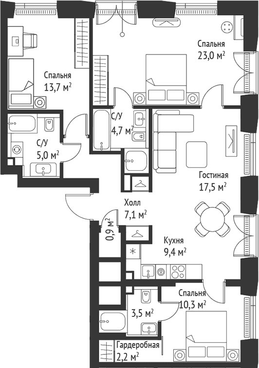 Планировка: Квартира евро-4 97,1 м² в ЖК «СЕТ»