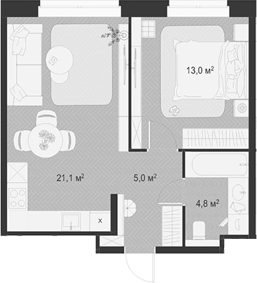Планировка: Евродвушка 43,9 м² в ЖК «Гранд Комфорт 3»
