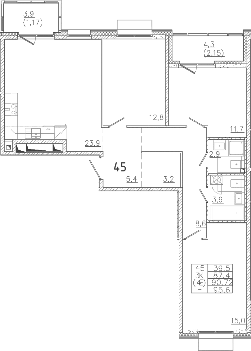 Планировка: Квартира евро-4 87,4 м² в ЖК «Лисино»