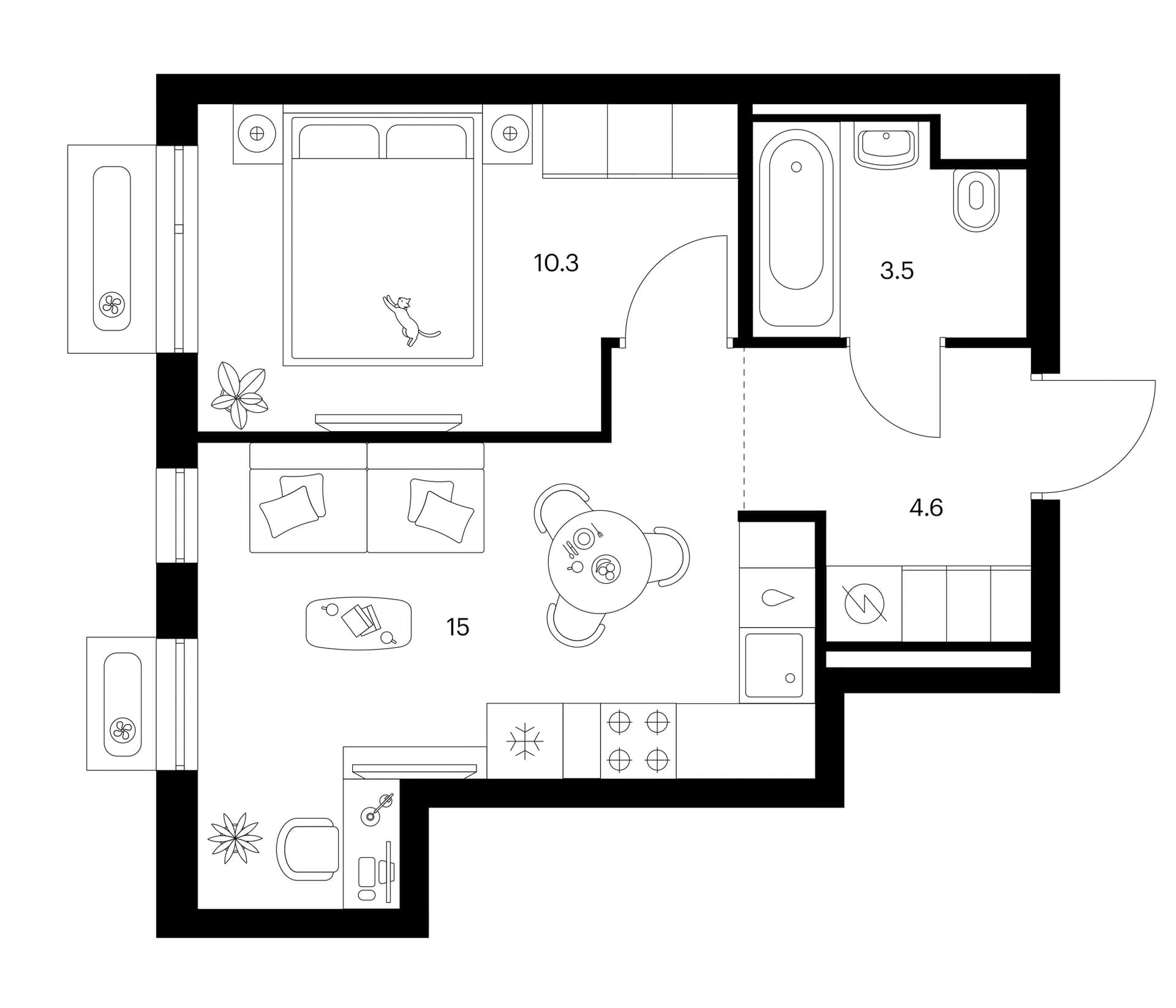 Планировка: 1-комнатная квартира 33,4 м² в ЖК «Зеленый парк»