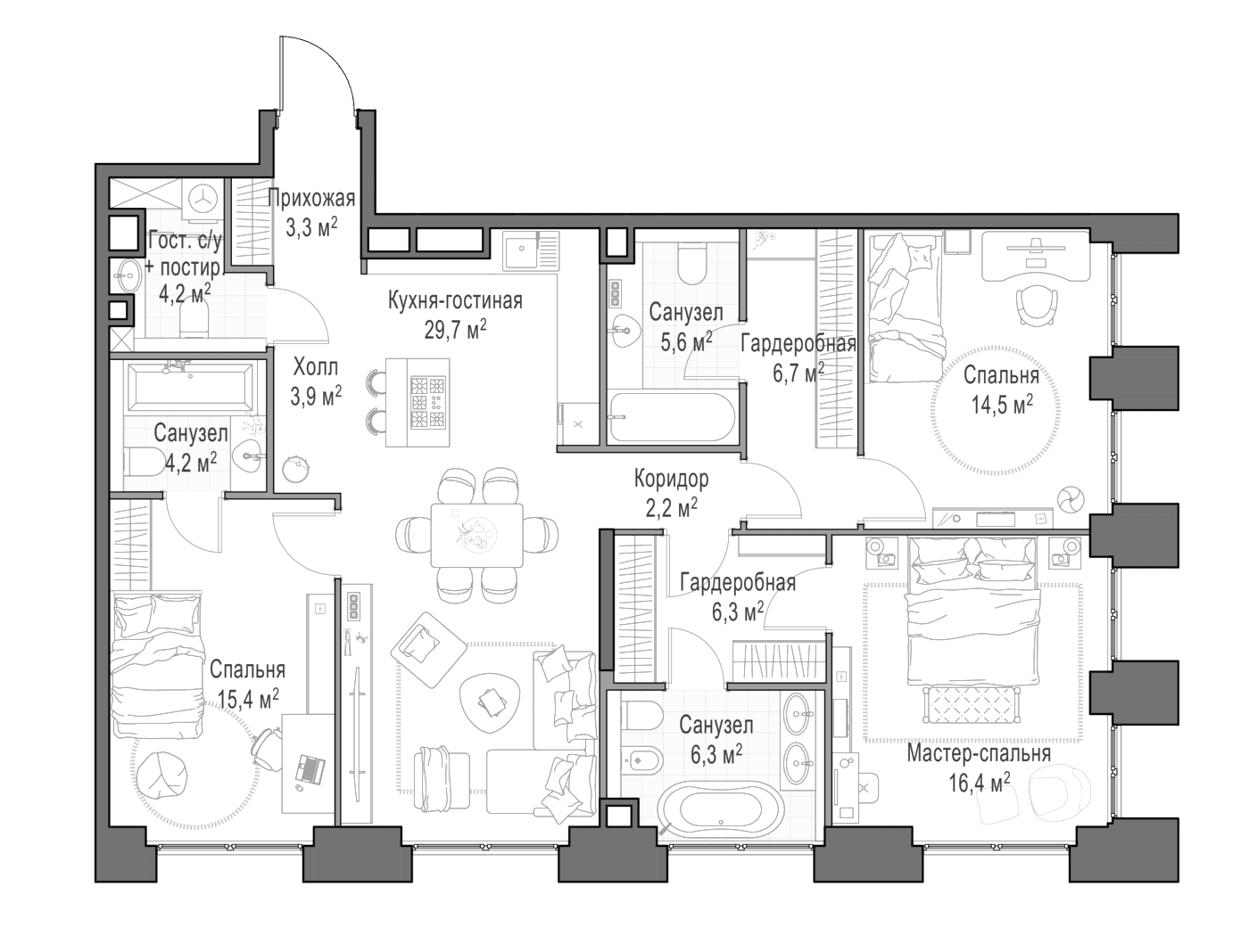 Планировка: Квартира евро-4 119,6 м² в ЖК «Квартал Life Time»