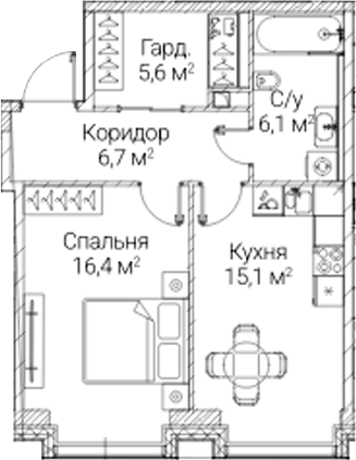 Планировка: 1-комнатная квартира 49,9 м² в ЖК «СЕЗАР БУДУЩЕЕ»