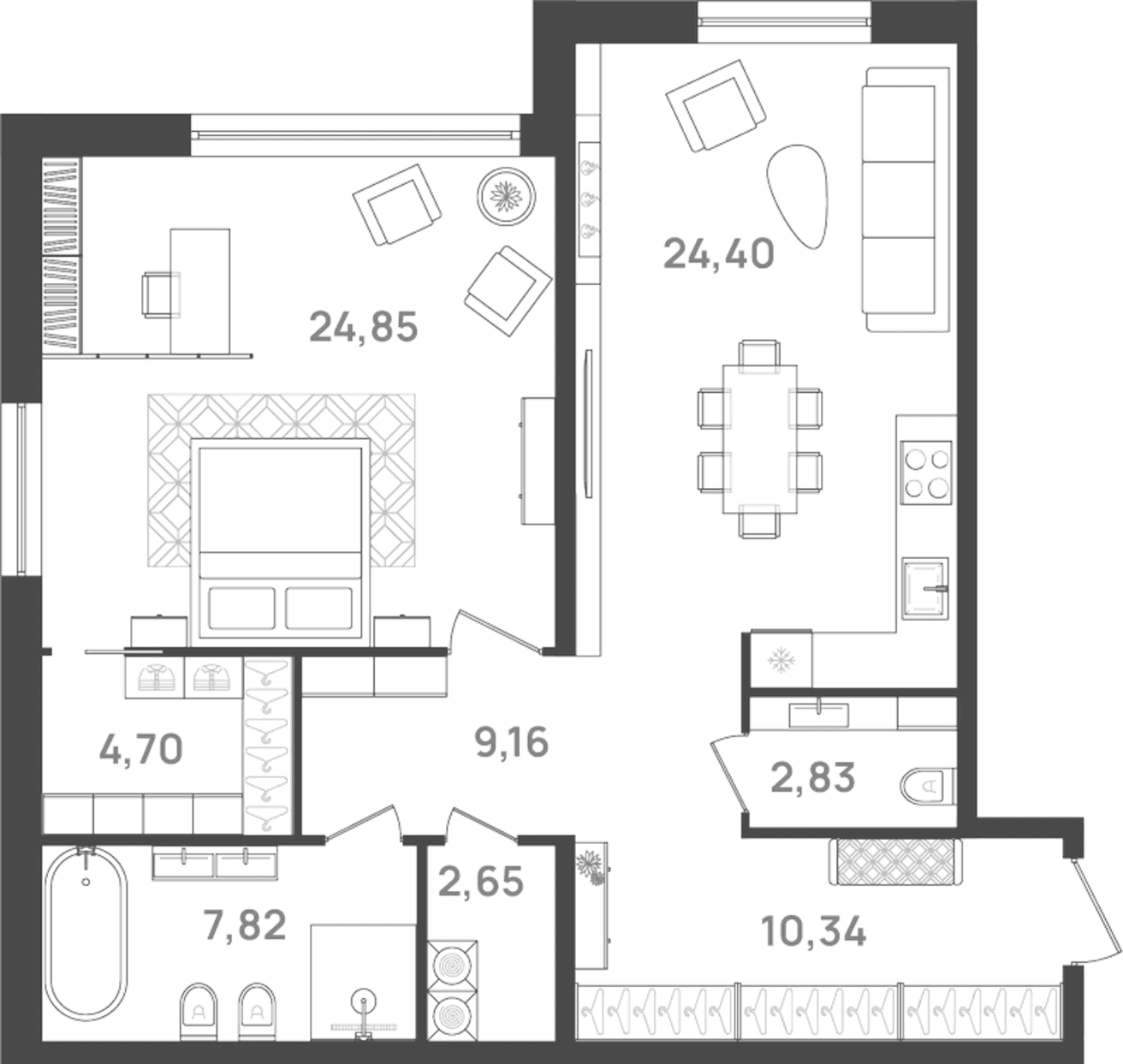 Планировка: Евродвушка 86,8 м² в ЖК «6 Квартал»