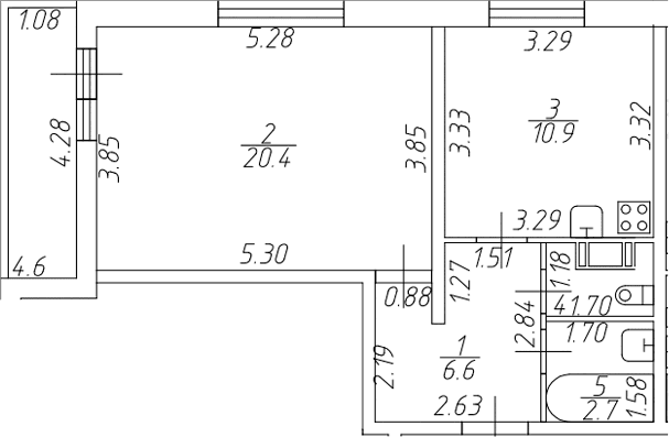 Планировка: 1-комнатная квартира 42,2 м² в ЖК «Тандем»