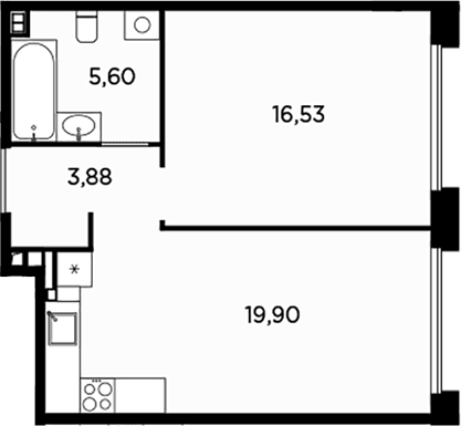 Планировка: Евродвушка 45,9 м² в ЖК «Акватория»