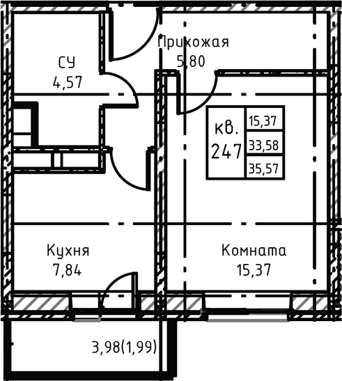 Планировка: 1-комнатная квартира 37,8 м² в ЖК «Высокий Берег»