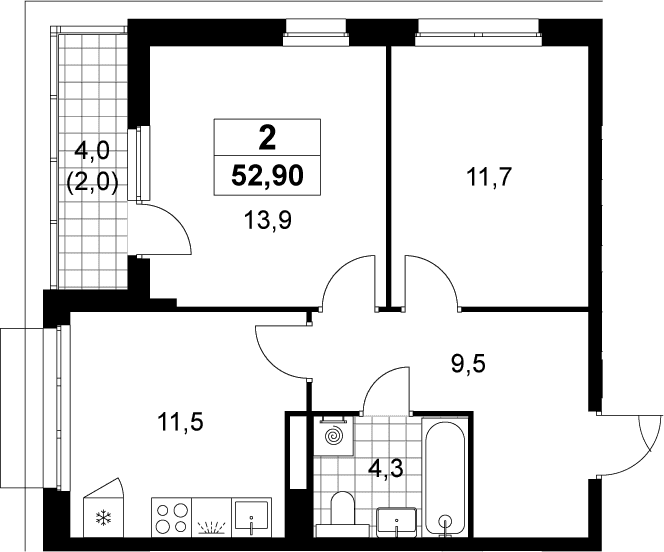 Планировка: 2-комнатная квартира 50,9 м² в ЖК «Деснаречье»
