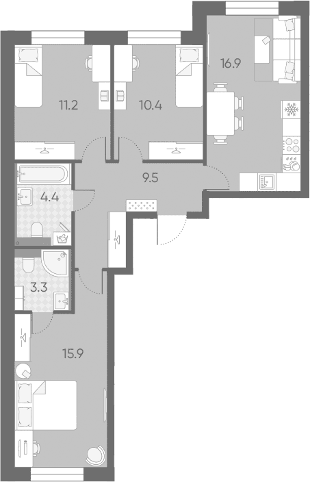 Планировка: Квартира евро-4 71,6 м² в ЖК «Большая Охта»