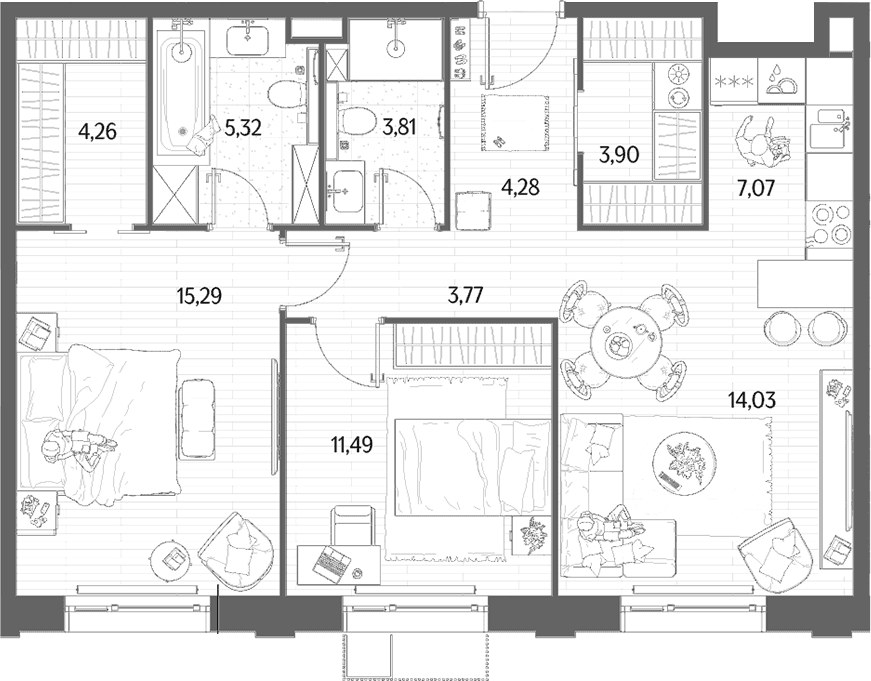 Планировка: Евротрёшка 73,2 м² в ЖК «МЫС»
