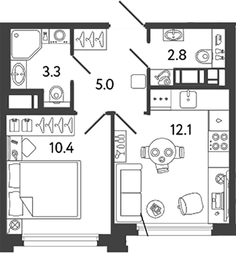 Планировка: 1-комнатная квартира 33,6 м² в ЖК «Гений»
