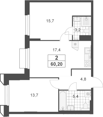 Планировка: Евротрёшка 60,2 м² в ЖК «Южные сады»