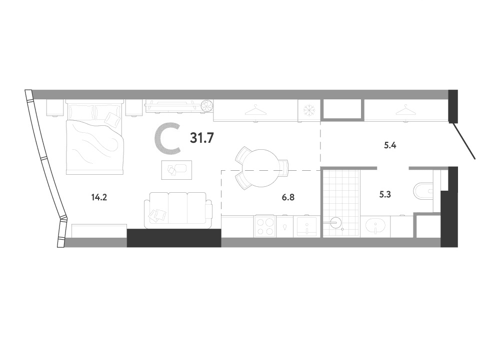 Планировка: Студия 31,7 м² в ЖК «АУРУС Резиденции»