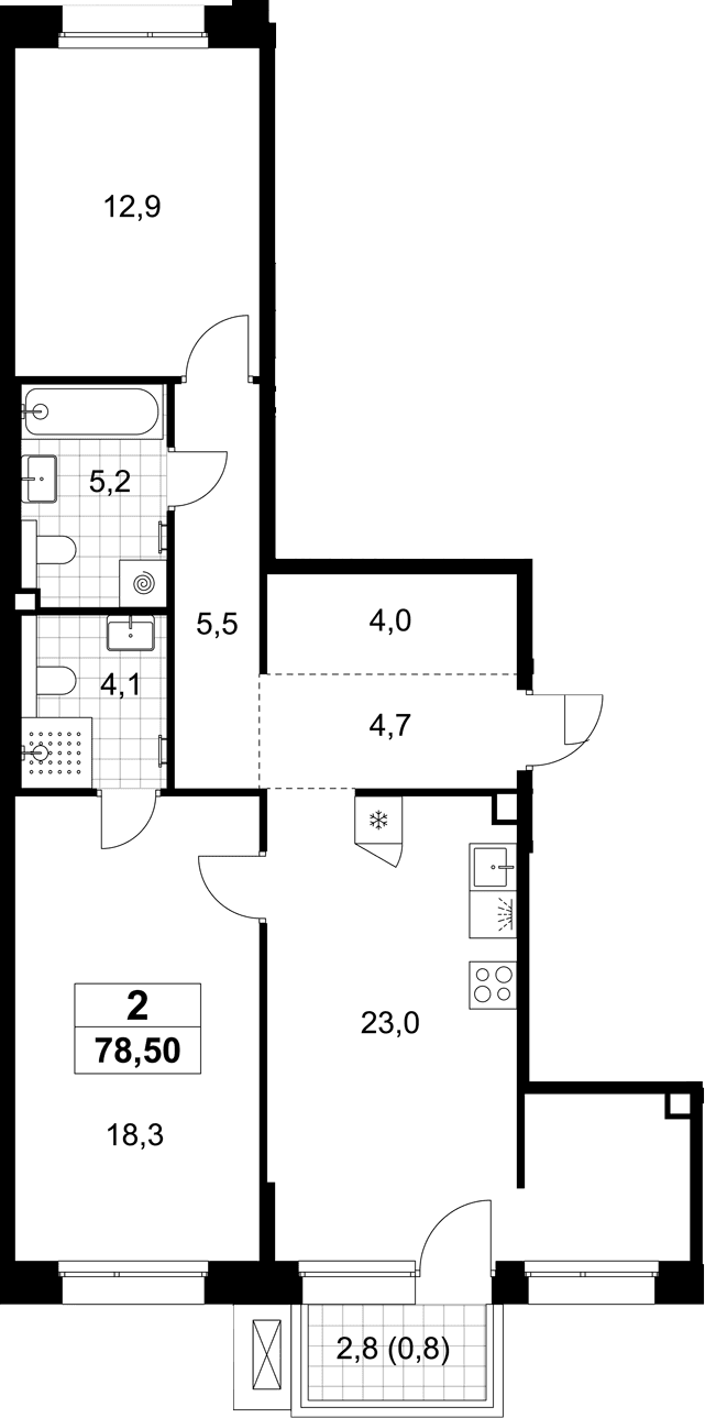Планировка: Евротрёшка 77,7 м² в ЖК «Хольм»