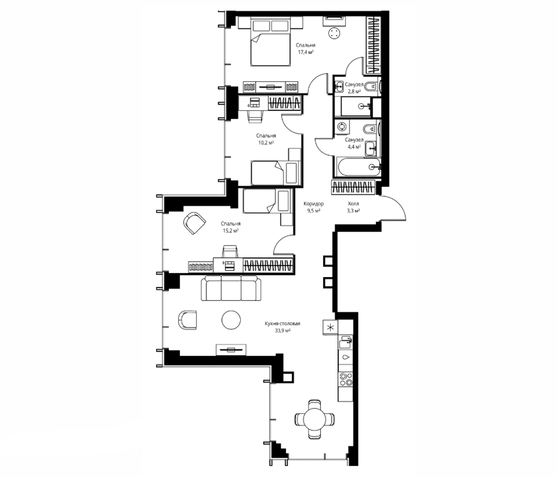 Планировка: Квартира евро-4 96,7 м² в ЖК «Веер»