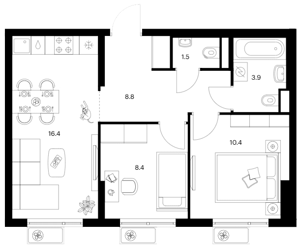 Планировка: 2-комнатная квартира 49,4 м² в ЖК «Белая Дача парк»