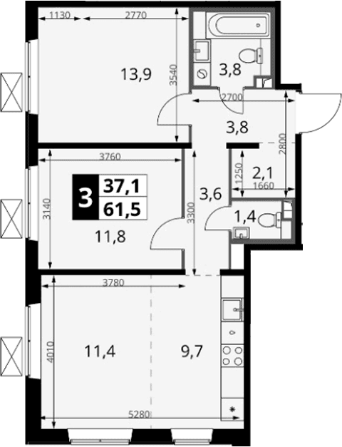 Планировка: Евротрёшка 61,5 м² в ЖК «1-й Южный»