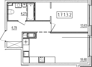 Планировка: Евродвушка 43,3 м² в ЖК «Новый Ямбург»