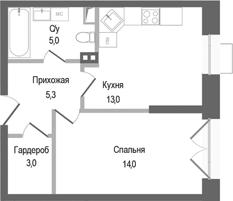 Планировка: 1-комнатная квартира 40,3 м² в ЖК «Киноквартал»