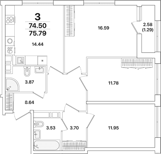 Планировка: 3-комнатная квартира 74,5 м² в ЖК «Академик»
