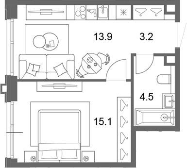 Планировка: Евродвушка 36,7 м² в ЖК «ОМ Ботанический»