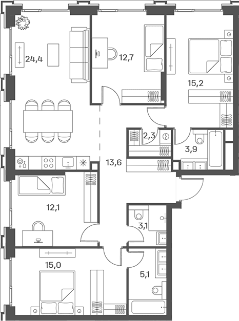 Планировка: Квартира евро-5 107,4 м² в ЖК «Портленд»