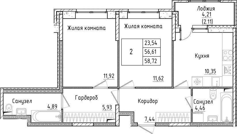 Планировка: 2-комнатная квартира 56,6 м² в ЖК «Аквилон РекаПарк»
