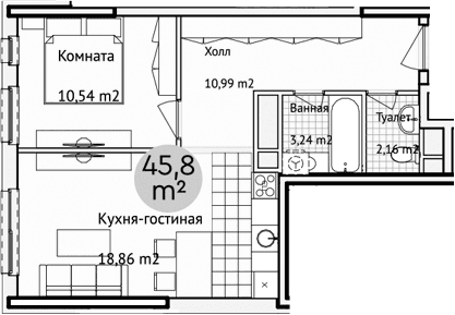 Планировка: Евродвушка 46,9 м² в ЖК «Адрес»