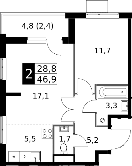 Планировка: Евродвушка 44,5 м² в ЖК «1-й Измайловский»