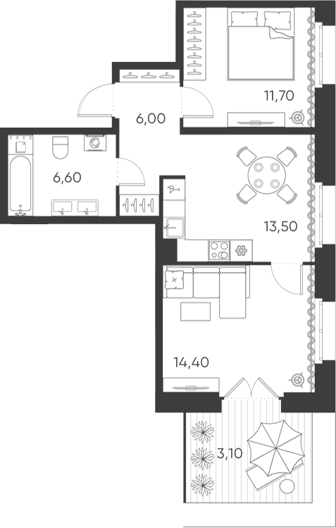 Планировка: Евротрёшка 52,2 м² в ЖК «Моисеенко, 10»