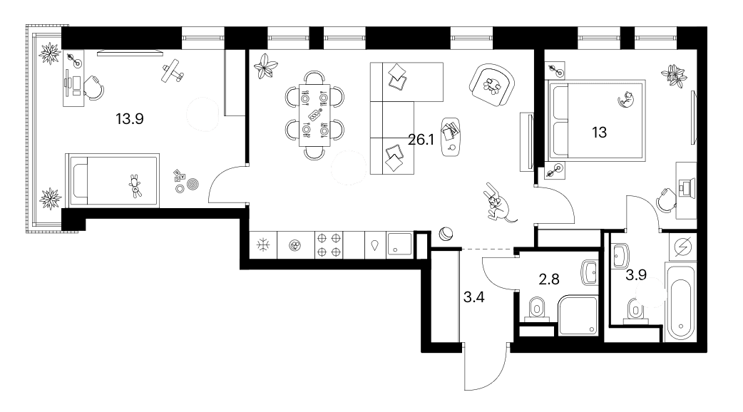 Планировка: 2-комнатная квартира 63,1 м² в ЖК «Москворечье»