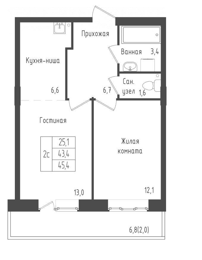 Планировка: 1-комнатная квартира 43,4 м² в ЖК «Зеленый город»