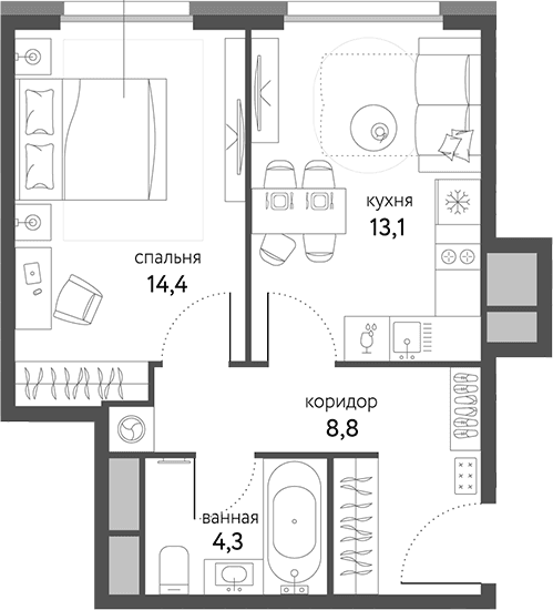 Планировка: 1-комнатная квартира 40,6 м² в ЖК «Сиреневый парк»